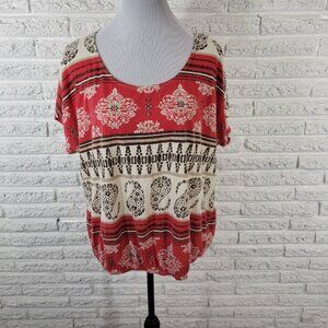 Sonoma Womens Top 1X Plus Tee Cap Sleeve Red Geometric Cotton Blend GEO152E